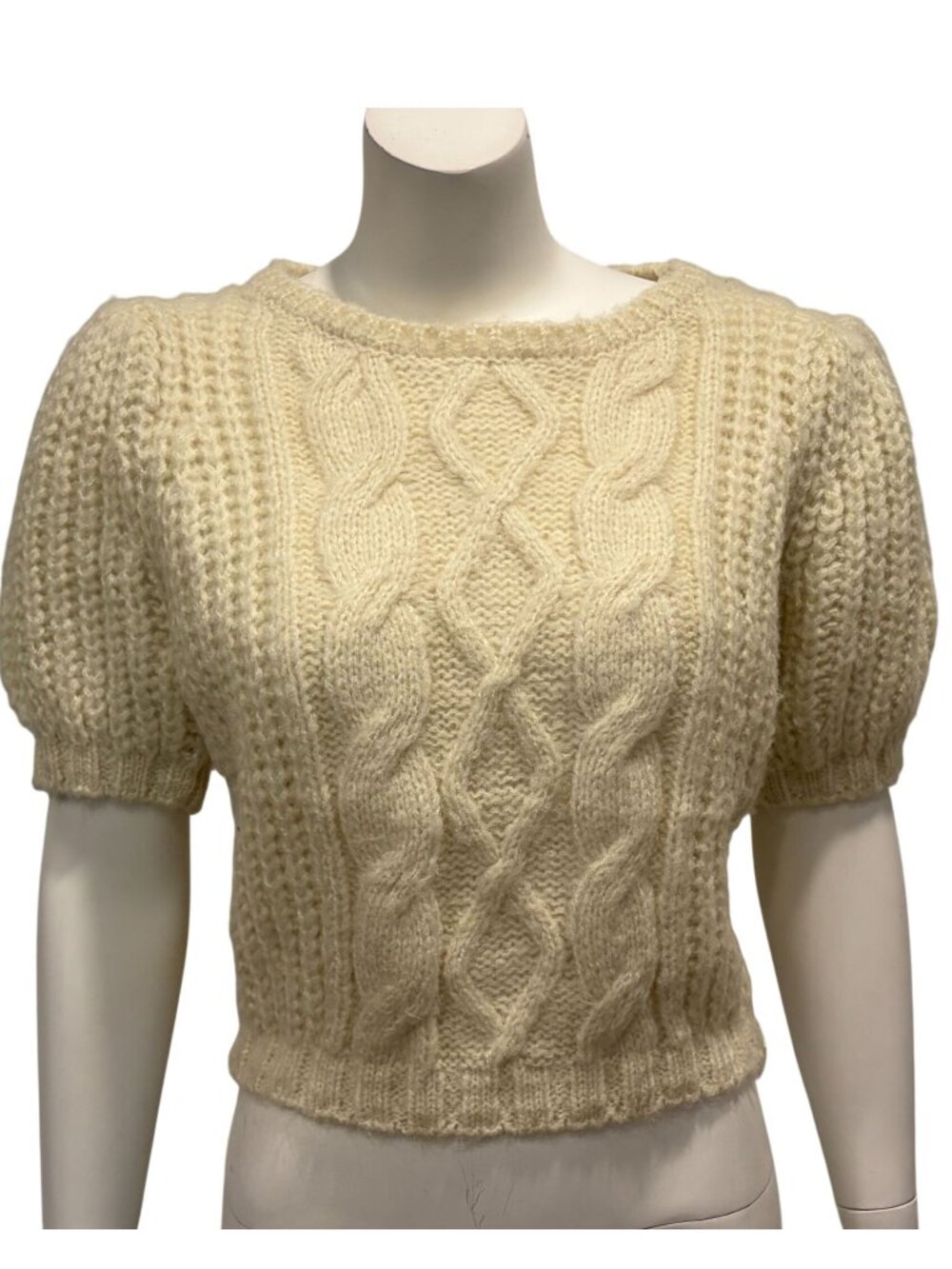 Pol Chunky Knit Cable Cropped Sweater Size S Puff Sleeves Ivory Cottagecore